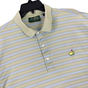 Amen Corner Masters Golf Tournament Striped Pima‎ Cotton Polo Shirt Beige L Mens